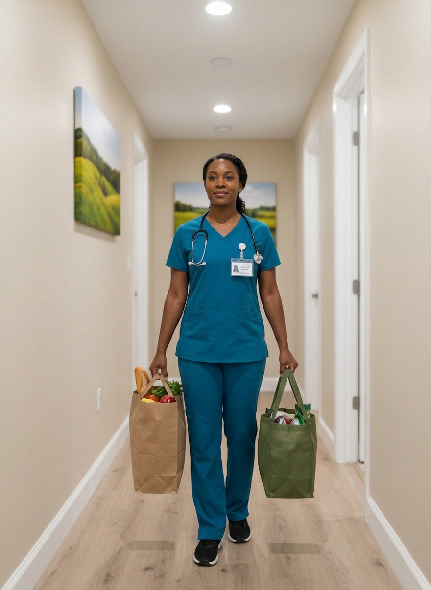 A tidy home office-style caregiver workstation set up at the end of a hallway, featuring a compact white desk with a tablet on a stand displaying a simple care checklist interface, a small container of neatly arranged disposable gloves, a closed binder labeled “Home Health Documentation,” and a digital thermometer resting beside it. The hallway walls are painted a soothing light beige, with family-style landscape artwork hanging in the distance. Overhead recessed lighting and soft ambient light from a nearby room create even, gentle illumination with minimal shadows. Photographic realism, shot from a slightly elevated angle with moderate depth of field, presenting a clean, professional, and confidential atmosphere that reflects organized, trustworthy home health services.