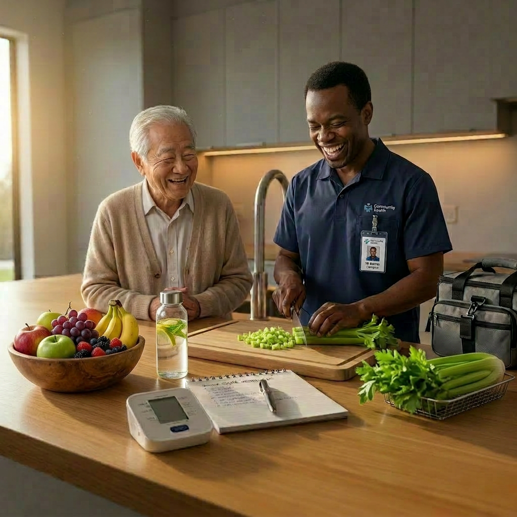 A clean, well-organized medication station on a light oak kitchen counter, featuring a large, clearly labeled weekly pill organizer, a digital blood pressure monitor neatly coiled, a notepad with a printed care schedule, and a closed folder labeled “Care Plan – Central Florida.” Behind, a stainless-steel sink and soft-gray cabinetry create a modern, residential feel. Late afternoon natural light filters in from an unseen window, combined with warm under-cabinet lighting that gently illuminates the scene and casts subtle reflections on the counter. Photographic realism, captured from a slightly elevated angle with sharp focus throughout, conveying meticulous organization, reliability, and professional non-medical support in the comfort of home.