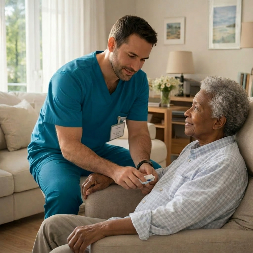 A neatly made hospital-style bed in a bright, tidy bedroom, featuring crisp white linens, a soft sky-blue blanket folded at the foot, and a sturdy adjustable overbed table with a closed laptop and a small vase of fresh flowers. The room is a clean, modern home environment with pale neutral walls, framed abstract artwork, and a window with sheer curtains letting in gentle late-morning sunlight. The light creates soft, comforting shadows and subtle highlights on metal rails and polished wood surfaces. Photographic realism, shot at eye level with a slight angle toward the window, using shallow depth of field so the bed and table are in sharp focus while the background softly blurs, evoking calm, safety, and professional home care.