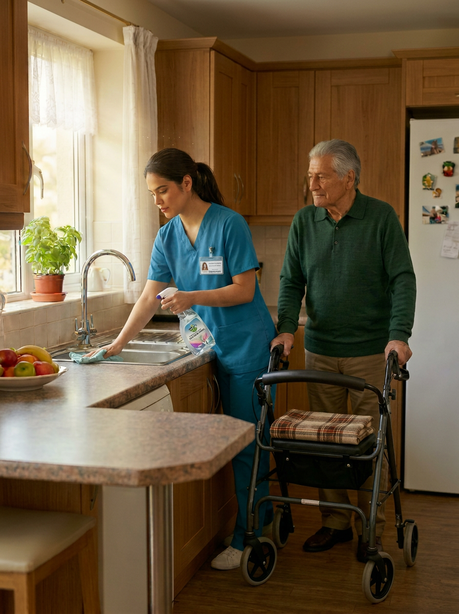 An accessible bathroom setup in a private home, featuring a sparkling white walk-in shower with a sturdy stainless-steel grab bar, a height-adjustable shower chair, and a non-slip textured floor mat in soft gray. On a nearby built-in shelf, neatly folded white towels and a small basket of toiletries are arranged with care. Cool daylight from a frosted window provides diffused, even lighting, reducing harsh shadows while highlighting the cleanliness of tile surfaces and fixtures. Photographic realism, captured at an eye-level angle with a wide composition to show the full layout, emphasizing safety, thoughtful home modifications, and professional attention to elder comfort and independence.