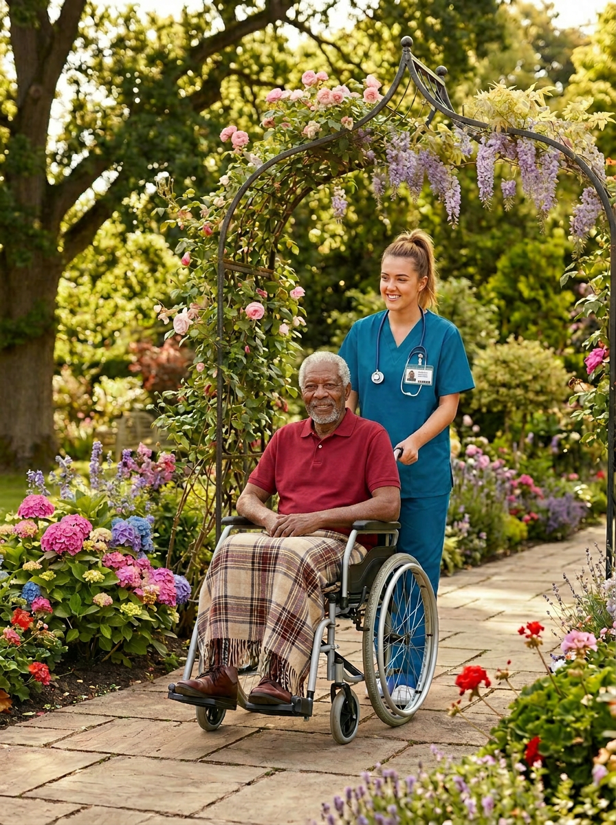 An accessible bathroom setup in a private home, featuring a sparkling white walk-in shower with a sturdy stainless-steel grab bar, a height-adjustable shower chair, and a non-slip textured floor mat in soft gray. On a nearby built-in shelf, neatly folded white towels and a small basket of toiletries are arranged with care. Cool daylight from a frosted window provides diffused, even lighting, reducing harsh shadows while highlighting the cleanliness of tile surfaces and fixtures. Photographic realism, captured at an eye-level angle with a wide composition to show the full layout, emphasizing safety, thoughtful home modifications, and professional attention to elder comfort and independence.
